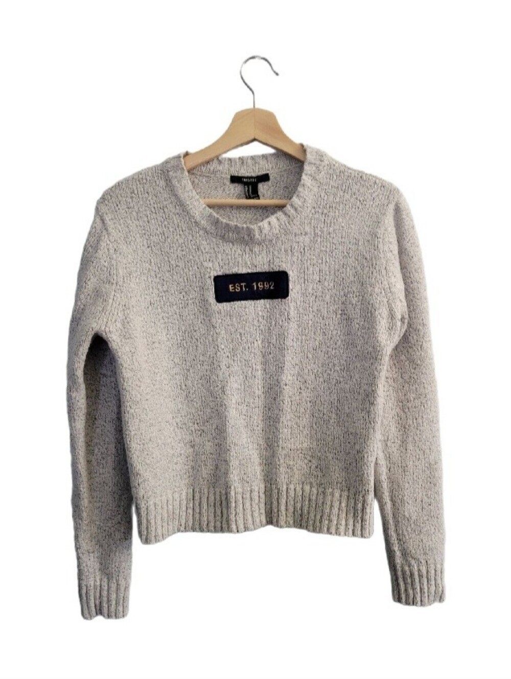 FOREVER 21 Cream Crewneck Knit Sweater - EST. 1992 Plaque Size US M Cozy Casual